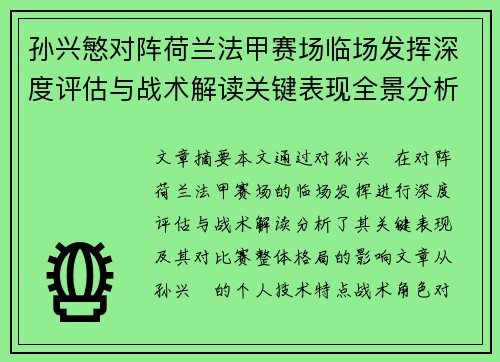 孙兴慜对阵荷兰法甲赛场临场发挥深度评估与战术解读关键表现全景分析